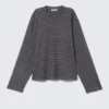 Long-Sleeved Boxy Cotton T-Shirt – Striped Dark Grey