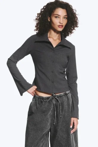 Long-Sleeved Buttoned Shirt – Dark Grey Melange