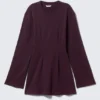 Long-Sleeved Cotton Mini Dress – Dark Plum