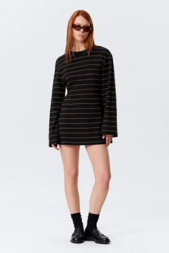 Long-Sleeved Cotton Mini Dress – Striped Black