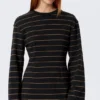 Long-Sleeved Cotton Mini Dress – Striped Black