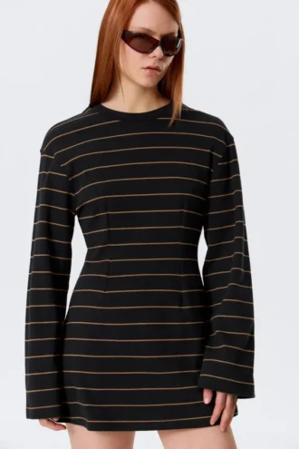 Long-Sleeved Cotton Mini Dress – Striped Black