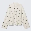 Long-Sleeved Cotton Polo Top – White – Black Dots