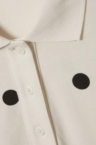 Long-Sleeved Cotton Polo Top – White – Black Dots