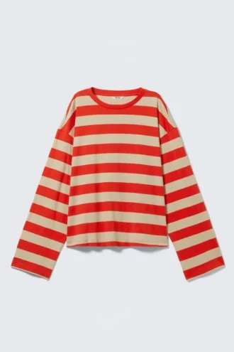 Long-Sleeved Cotton T-Shirt – Bright Red & Beige Stripes