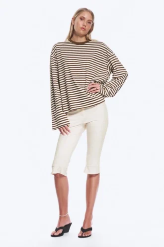 Long-Sleeved Cotton T-Shirt – Brown & White Stripes