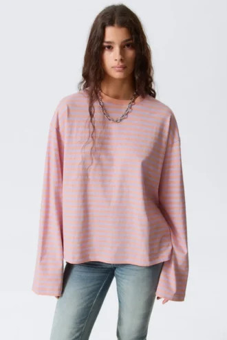 Long-Sleeved Cotton T-Shirt – Coral/Lilac Stripes