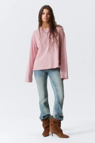 Long-Sleeved Cotton T-Shirt – Coral/Lilac Stripes