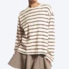 Long-Sleeved Cotton T-Shirt – Dusty White – Brown Stripes