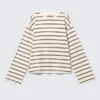 Long-Sleeved Cotton T-Shirt – Dusty White – Brown Stripes