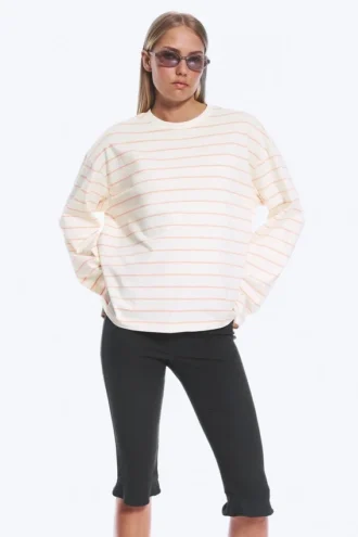 Long-Sleeved Cotton T-Shirt – Light Beige – Orange Stripe