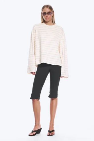 Long-Sleeved Cotton T-Shirt – Light Beige – Orange Stripe