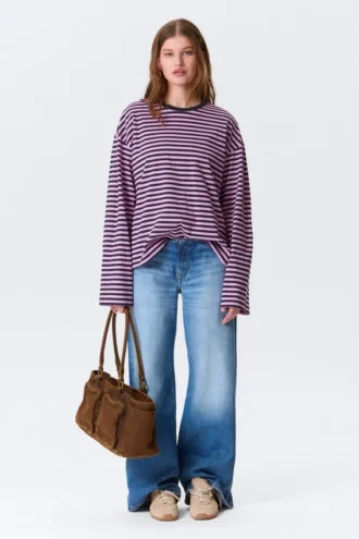 Long-Sleeved Cotton T-Shirt – Navy/Pink Stripe