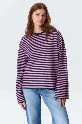Long-Sleeved Cotton T-Shirt – Navy/Pink Stripe