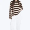 Long-Sleeved Cotton T-Shirt – Striped Dark Brown/Dusty Pink