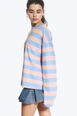 Long-Sleeved Cotton T-Shirt – Striped Pink/Blue