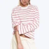 Long-Sleeved Cotton T-Shirt – White – Pink/Red Stripes