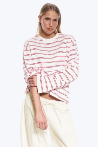 Long-Sleeved Cotton T-Shirt – White – Pink/Red Stripes