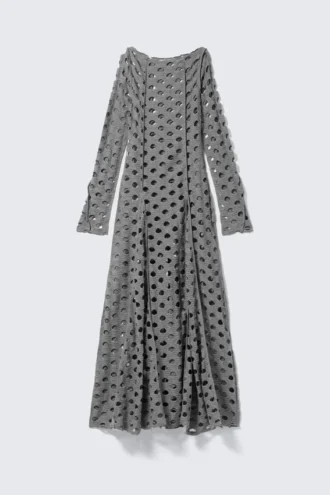 Long-Sleeved Distressed Maxi Dress – Grey