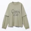 Long-Sleeved Double-Layered Oversized T-Shirt – Light Khaki – Cosmic Echo