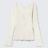 Long-Sleeved Fitted V-Neck Top – White