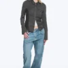 Long-Sleeved Fitted Zip Shirt – Striped Dark Grey Melange