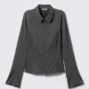 Long-Sleeved Fitted Zip Shirt – Striped Dark Grey Melange