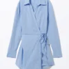 Long-Sleeved Mini Wrap Shirt Dress – Light Blue Pinstripe