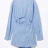 Long-Sleeved Mini Wrap Shirt Dress – Light Blue Pinstripe