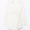 Long-Sleeved Mini Wrap Shirt Dress – White