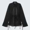 Long-Sleeved Open Back Tie Shirt – Black