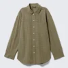 Long-Sleeved Oversized Poplin Shirt – Checked Dark Khaki Green
