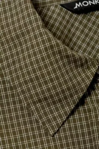 Long-Sleeved Oversized Poplin Shirt – Checked Dark Khaki Green