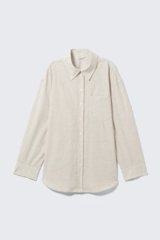Long-Sleeved Oversized Poplin Shirt – Checked Light Beige