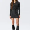 Long-Sleeved Popper Mini Dress – Striped Black
