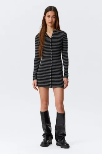 Long-Sleeved Popper Mini Dress – Striped Black