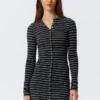 Long-Sleeved Popper Mini Dress – Striped Black