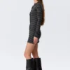 Long-Sleeved Popper Mini Dress – Striped Black