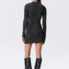 Long-Sleeved Popper Mini Dress – Striped Black