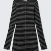Long-Sleeved Popper Mini Dress – Striped Black