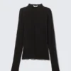 Long-Sleeved Rhinestone Mock-Neck Top – Black – Rhinestones