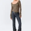 Long-Sleeved Slim Fit Scoop Neck Top – Beige/Black Stripe