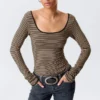 Long-Sleeved Slim Fit Scoop Neck Top – Beige/Black Stripe