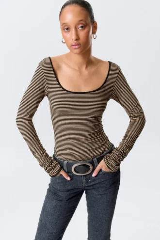 Long-Sleeved Slim Fit Scoop Neck Top – Beige/Black Stripe