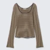 Long-Sleeved Slim Fit Scoop Neck Top – Beige/Black Stripe