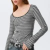 Long-Sleeved Slim Fit Scoop Neck Top – Black & White Stripes