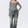 Long-Sleeved Slim Fit Scoop Neck Top – Black & White Stripes