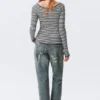 Long-Sleeved Slim Fit Scoop Neck Top – Black & White Stripes