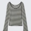 Long-Sleeved Slim Fit Scoop Neck Top – Black & White Stripes