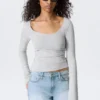 Long-Sleeved Slim Fit Scoop Neck Top – Grey Melange
